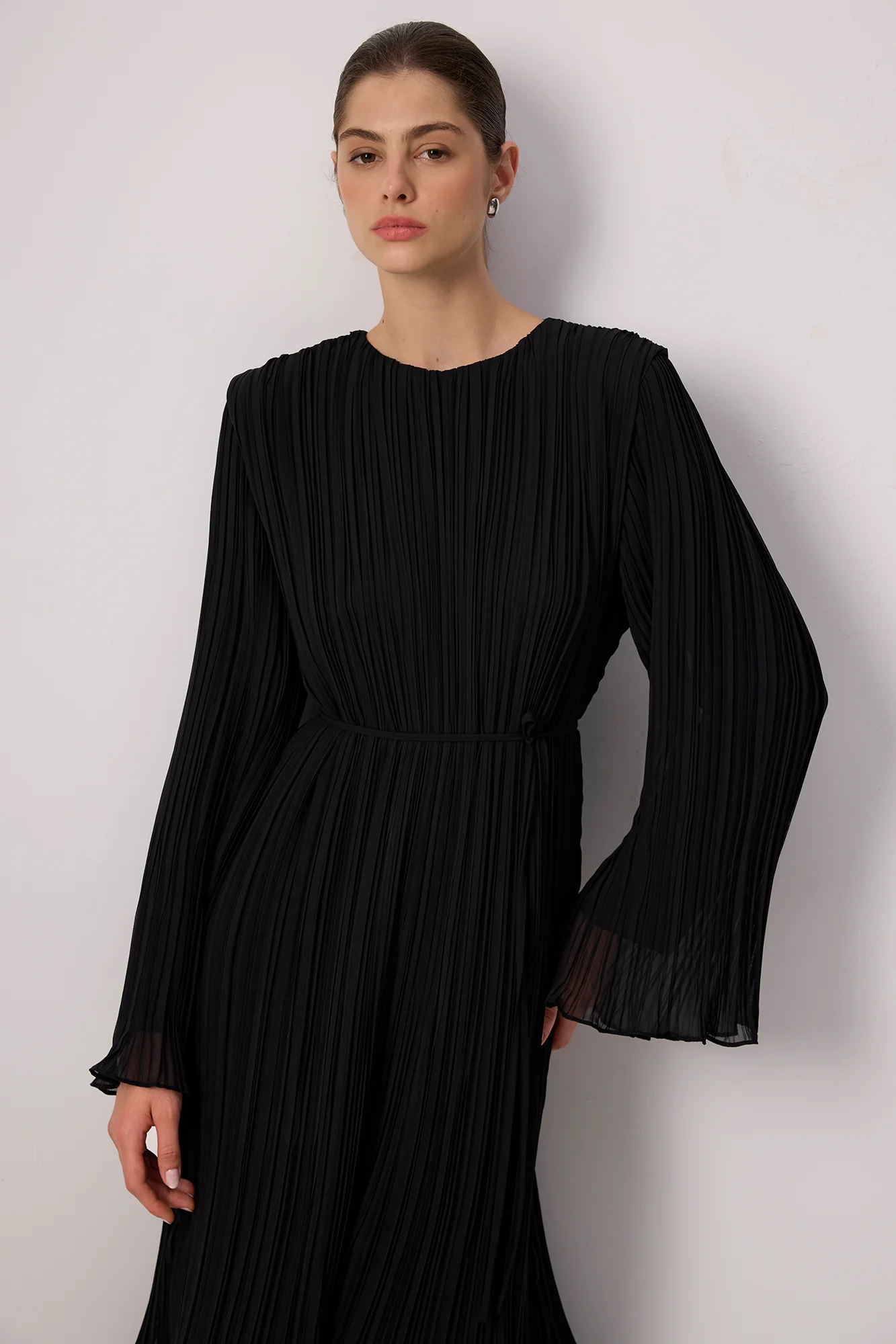 PLEATED CHIFFON DRESS WITH BINDING BELT - Image 3