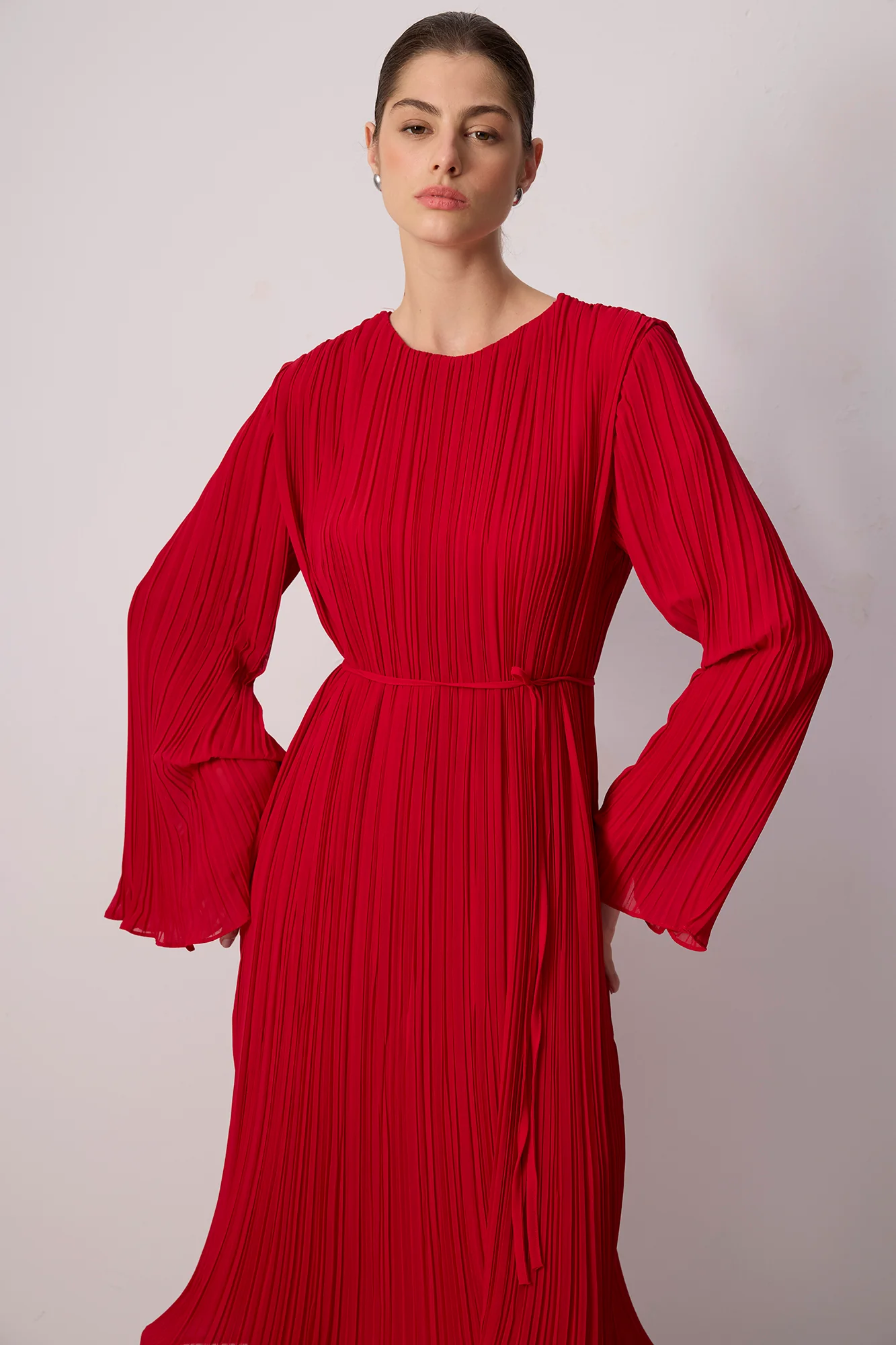 PLEATED CHIFFON DRESS WITH BINDING BELT - Image 3
