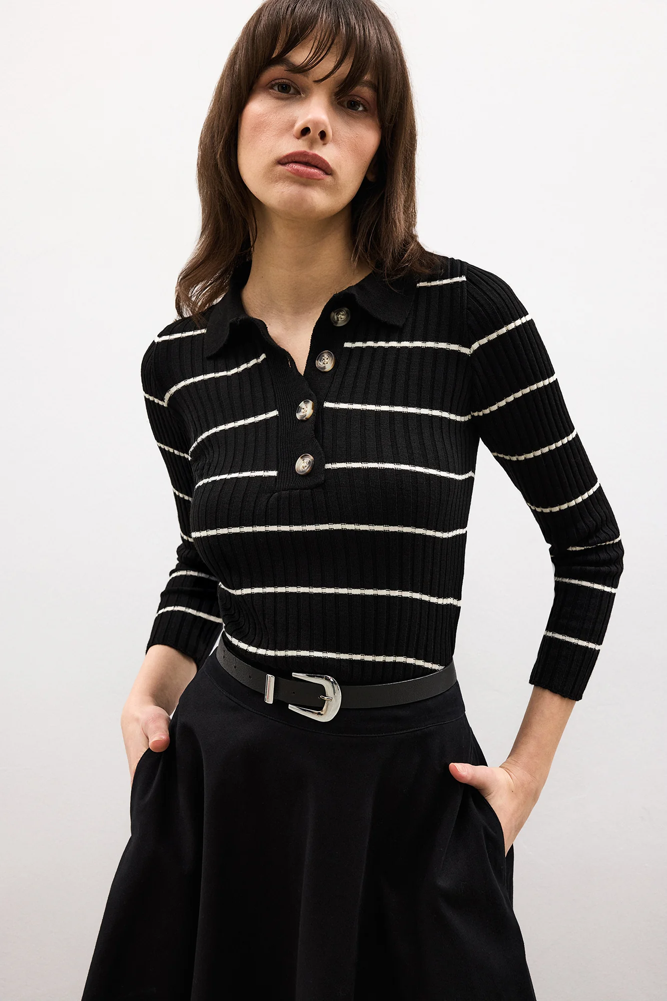 POLO COLLAR STRİPED KNİT SWEATER - Image 2