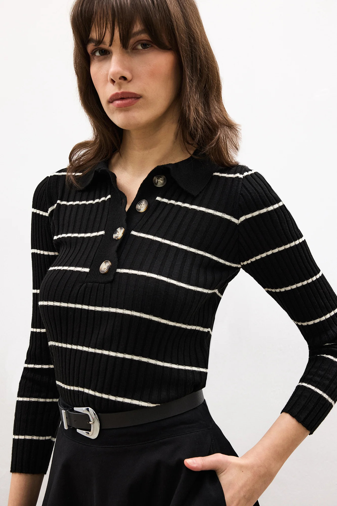 POLO COLLAR STRİPED KNİT SWEATER - Image 3