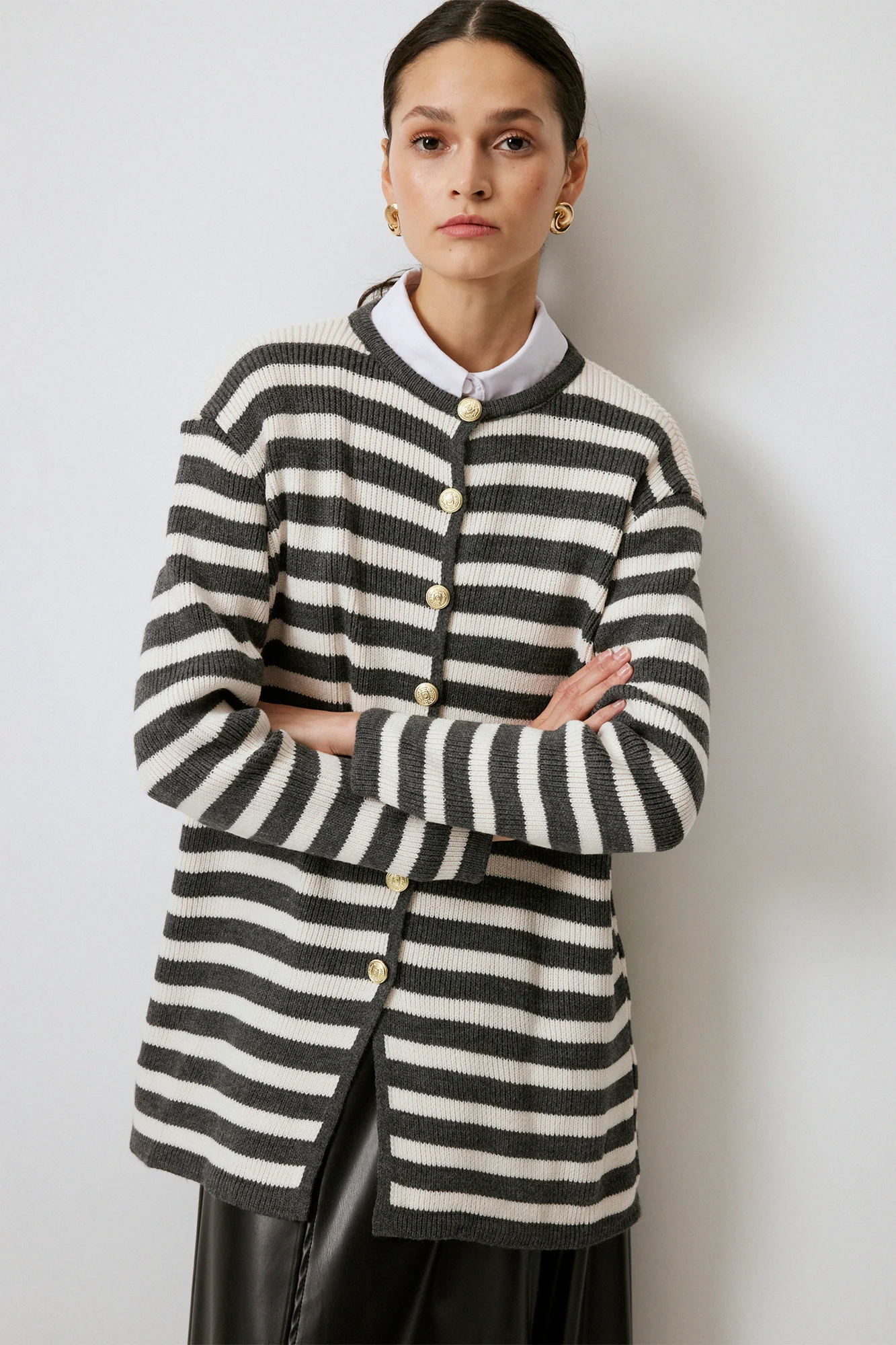 STRIPED LONG CARDIGAN WITH GOLD BUTTONS - Image 3